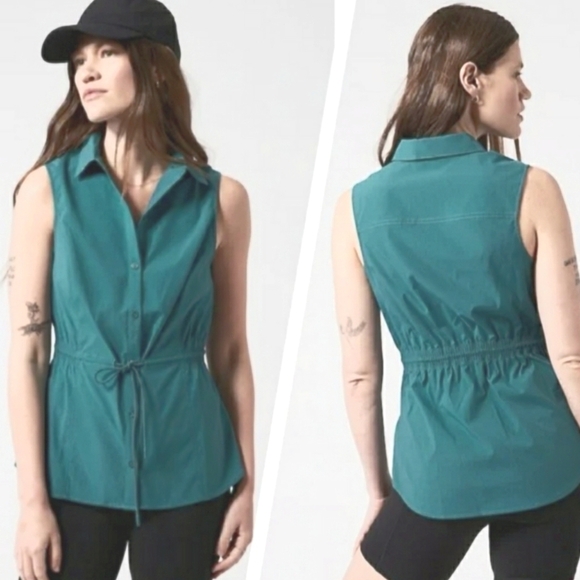 NWOT Athleta Levitate poplin tank. Sleeveless top. Collar. Borealus Green. XS. - Picture 7 of 7